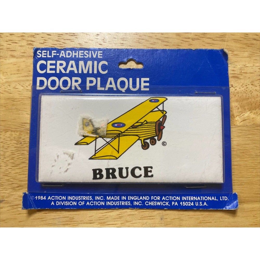 Vintage Retro BRUCE Airplane New Dead Stock Ceramic Door Name Plaque Wall Sign